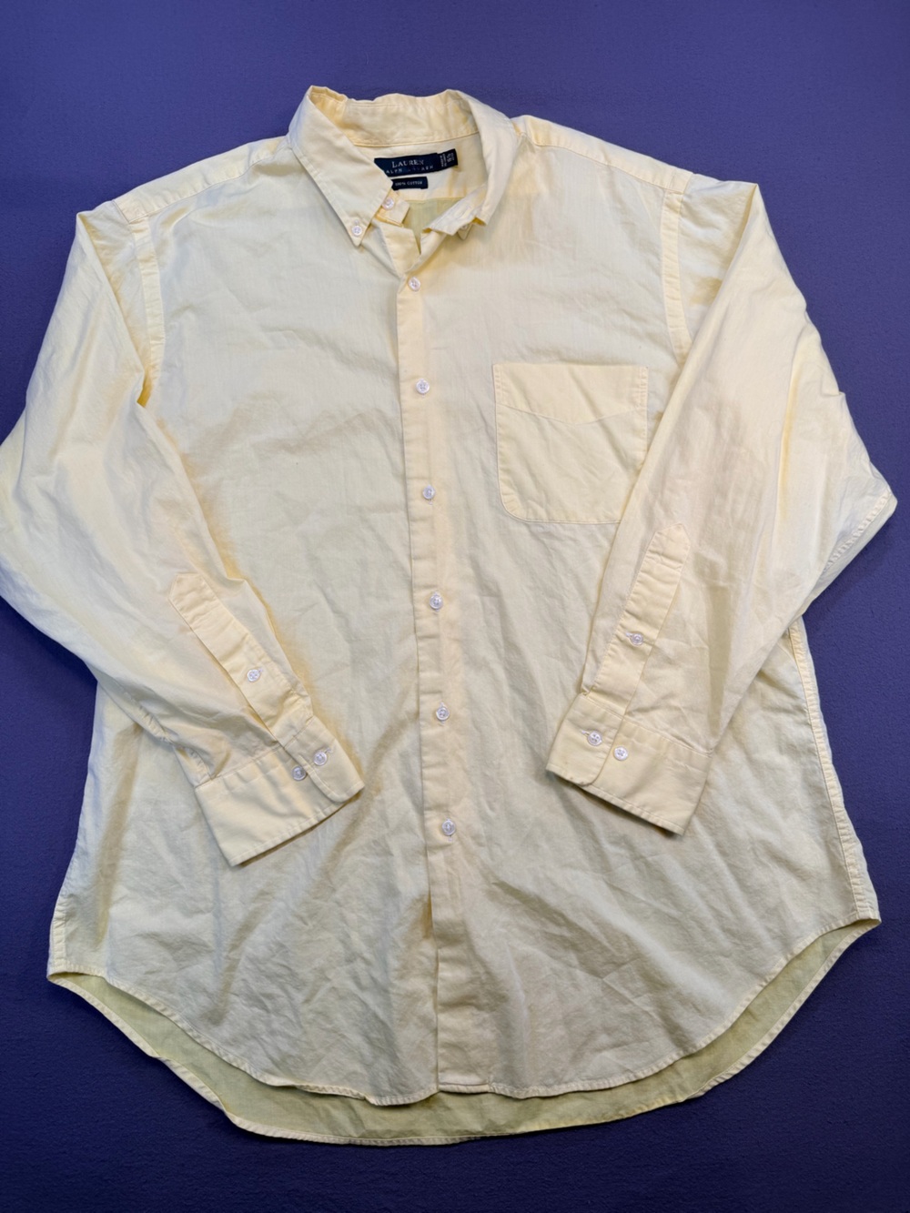 Ralph Lauren Men's Button-Down Shirt - Light Yellow 100% Cotton size 16.5 32/33